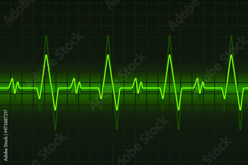 Heart pulse monitor with signal. Heart beat in green, ekg, vector illustration