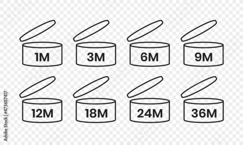 PAO, period after open icon sign set flat style design vector illustration isolated on transparent bd. 1, 3, 6, 9, 12, 24, 36 month pao expiration period for cosmetic packaging line art symbol. photo