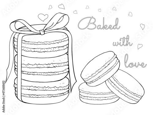 Macarons tied with ribbon. Valentine day. Outline freehand drawn for holiday. Sweet delicious dessert. Vector illustration isolated on white background. Separate objects. Coloring book page