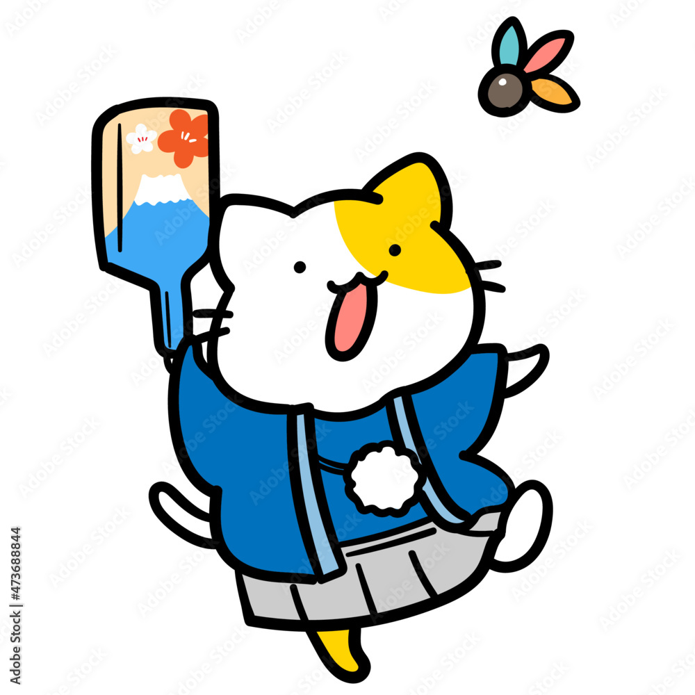 正月に羽根つきをするかわいいねこのキャラクターの手書き風イラスト Stock ベクター Adobe Stock