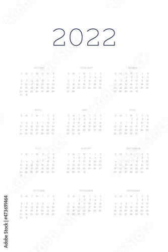 2022 calendar template individual planner in minimalist classic style. Week starts on sunday