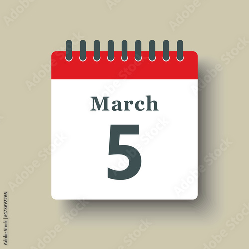 Icon day date 5 March, template calendar page