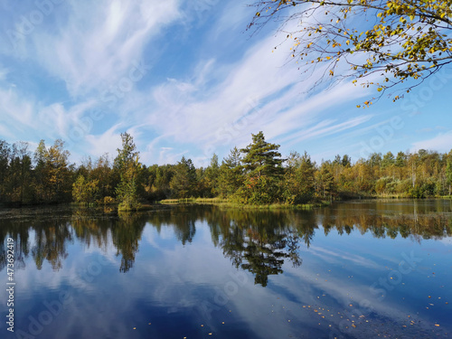 The surface of a forest lake, in which trees with yellow leaves and the sky with beautiful clouds are reflected.