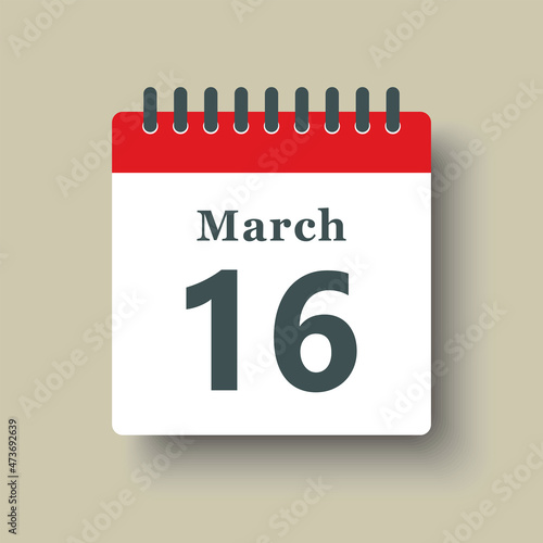 Icon day date 16 March, template calendar page