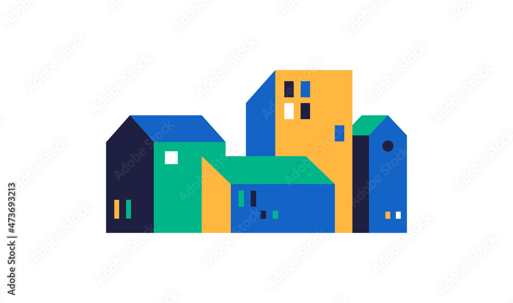 Urban abstract landscape of tall and small houses. City illustration in flat style isolated on white background. Urban abstract landscape of tall and small houses. City illustration in flat style isolated on white background.