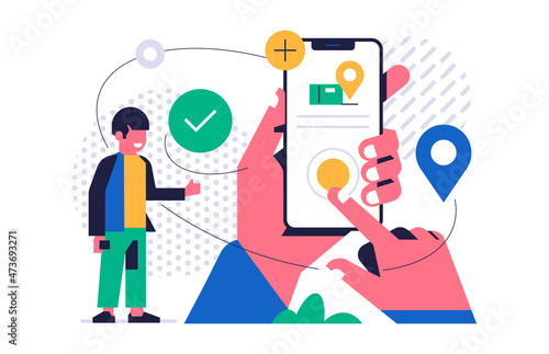 Online parcel delivery service concept. Mobile app concept. Hand holding phone with parcel delivery application on display. A happy man made an order in the online store through a mobile application.