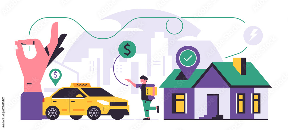 Online taxi ordering service. City taxi service. Happy man runs to the yellow car from his house. Hand showing ok symbol on the background of the city. Flat vector illustration