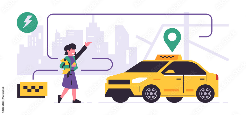 Naklejka premium Online taxi ordering service. City taxi service. A yellow cab drives up to a girl with a dog who ordered a ride. Isolated vector illustration on background