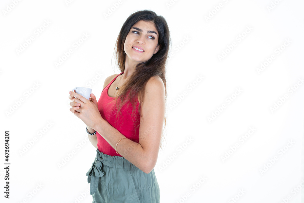 pretty girl profile young woman holding cup of coffee in white background pretty girl profile young woman holding cup of coffee in white background