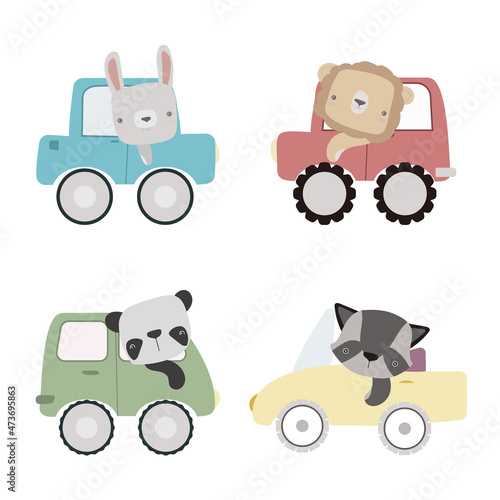 Funny animals in different cars. Cartoon illustration with transporl  in flat style. Vector elements isolated on white background.