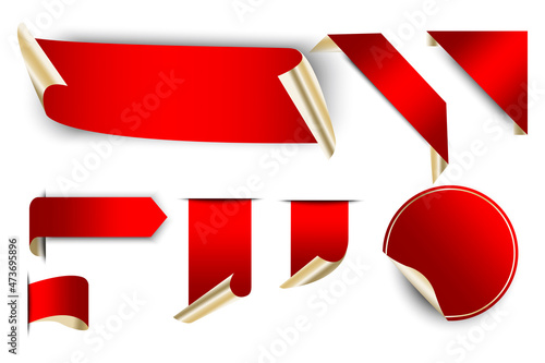 Red ribbons and banners. Decoration element. Modern art design. Badge collection. Vector illustration. Stock image. 
