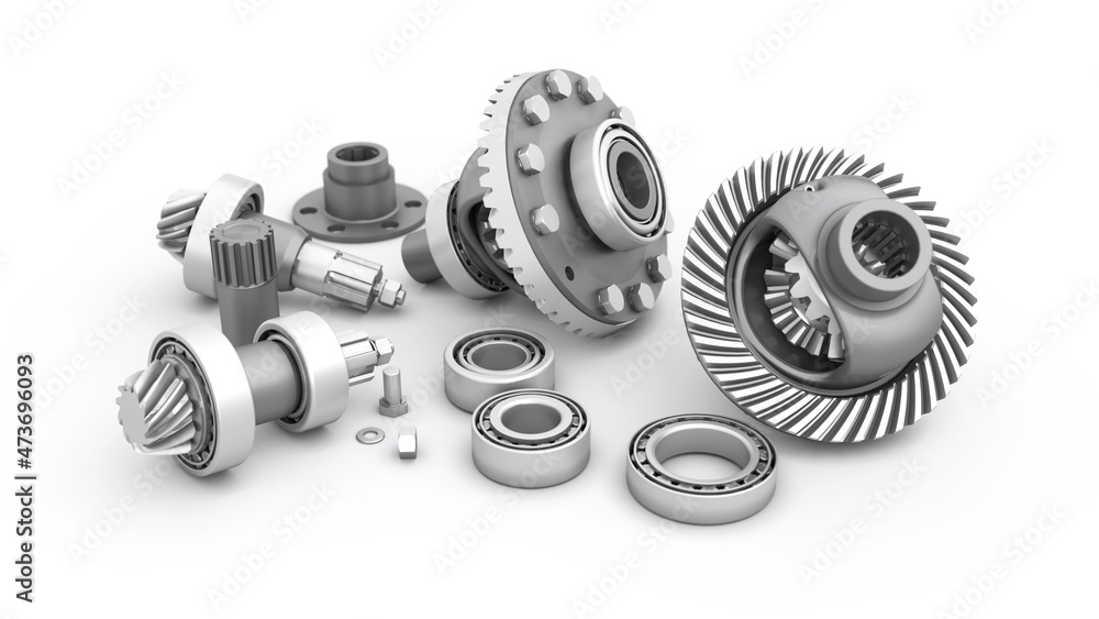 Disassembled differential with bearings and bolts lie on a white background. Repair and service. Sloped gear teeth. 3d render Disassembled differential with bearings and bolts lie on a white background. Repair and service. Sloped gear teeth. 3d render