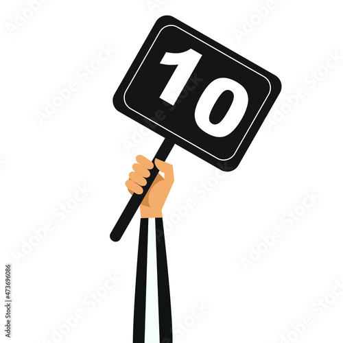 judge hand holding score card vector illustration. scorecard number for competition jury vote set. panel icon up. isolated. white background. best grade or achievement
