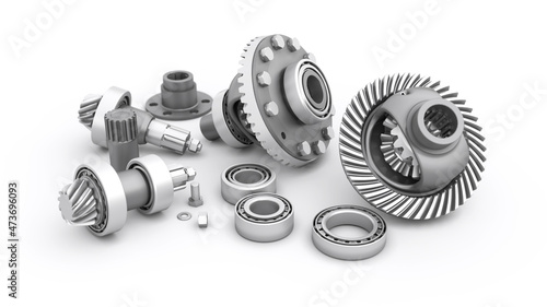 Disassembled differential with bearings and bolts lie on a white background. Repair and service. Sloped gear teeth. 3d render