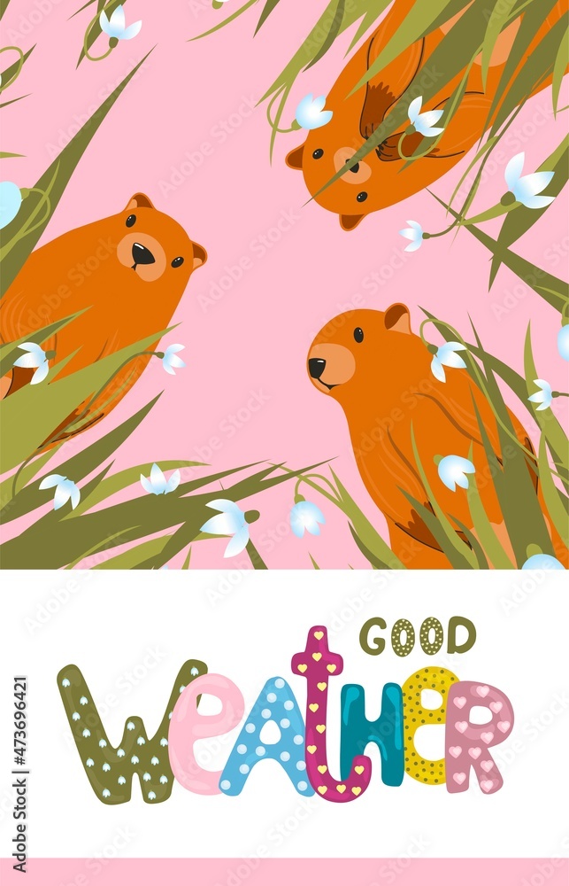 Happy Groundhog Day greeting card. Happy marmot Day Typographic Vector Design with Cute Groundhog Character - Advertising Poster.