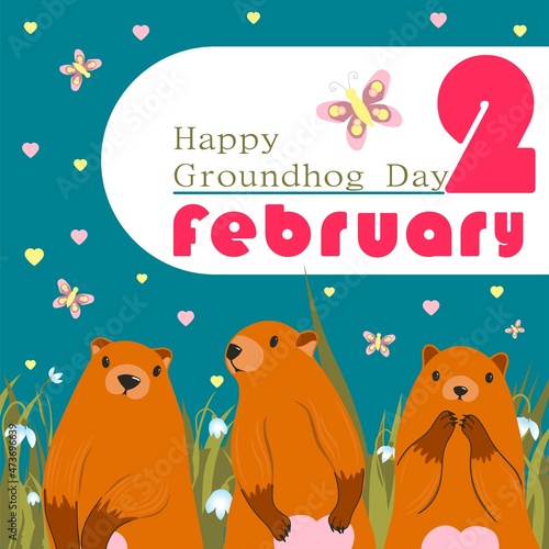 Happy Groundhog Day greeting card. Happy marmot Day Typographic Vector Design with Cute Groundhog Character - Advertising Poster.