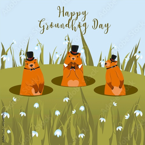 Happy Groundhog Day greeting card. Happy marmot Day Typographic Vector Design with Cute Groundhog Character - Advertising Poster.