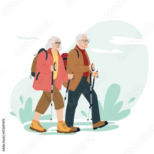 Happy active senior couple traveling together with backpacks and trekking sticks on holidays. Hiking. Colored flat vector illustration of traveler isolated on white background.