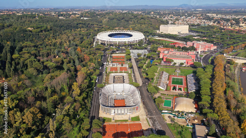 Aerial drone photo of iconic Foro Italico tennis and swimming facilities, Rome, Italy