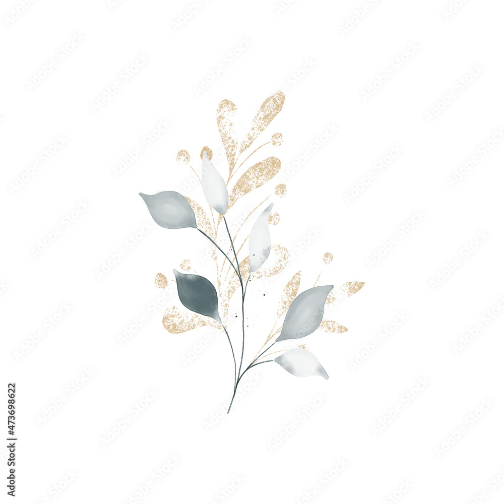cold blue and gold creative floral watercolor composition 