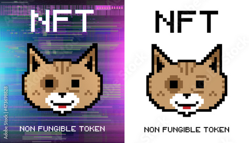 Crypto art NFT token. Non-fungible token. Cute cat face in Pixel style, isolated on white and glitch background. NFT token token in blockchain technology in digital crypto art. ERC20. Flat pixel cat.