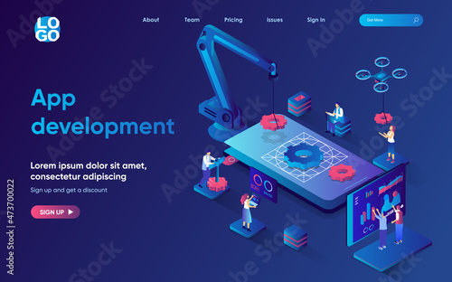 App development concept isometric landing page. Team create and optimizes mobile application, interface building process 3d web banner template. Vector illustration with people scene in flat design