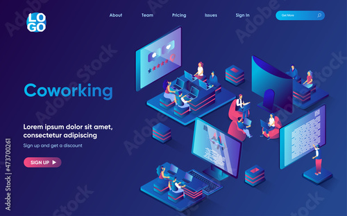 Coworking concept isometric landing page. Coworkers working on laptop in open office, employees cooperation organization, 3d web banner template. Vector illustration with people scene in flat design