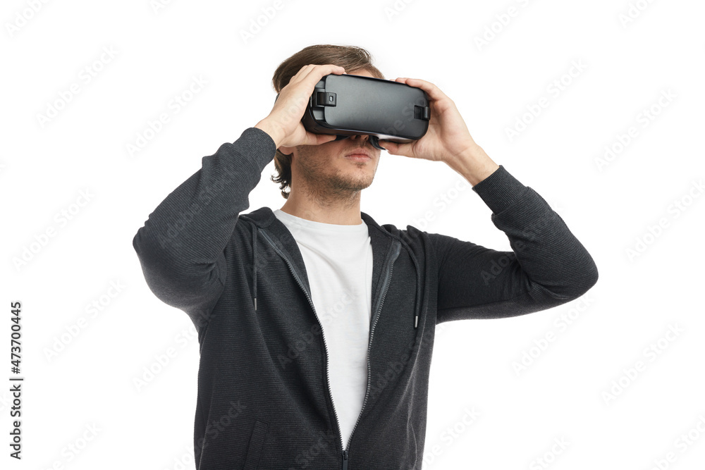 Man in VR goggles on white background Man in VR goggles on white background