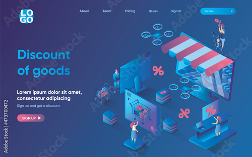 Discount of goods concept isometric landing page. Customers looking for best offers prices, online shopping in apps, 3d web banner template. Vector illustration with people scene in flat design