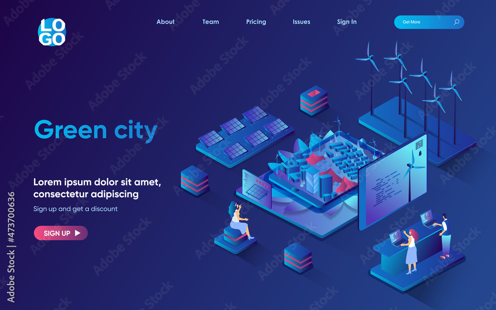 Green city concept isometric landing page. Citizens living and using ...
