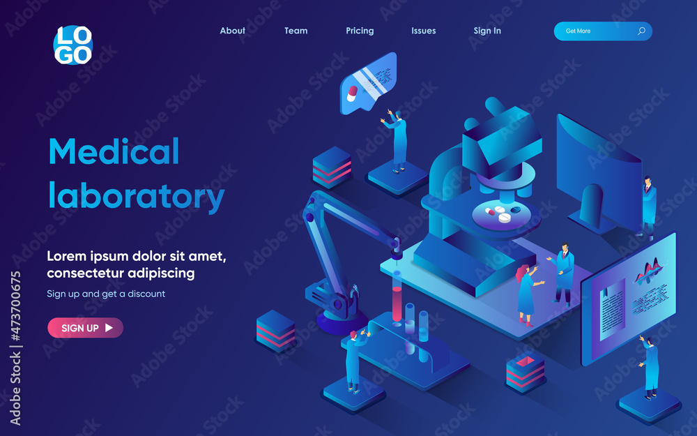 Medical laboratory concept isometric landing page. Team of scientists develops medicines, does medical research in lab, 3d web banner template. Vector illustration with people scene in flat design Medical laboratory concept isometric landing page. Team of scientists develops medicines, does medical research in lab, 3d web banner template. Vector illustration with people scene in flat design