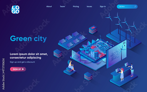 Green city concept isometric landing page. Citizens living and using renewable energy from wind turbines and solar panels, 3d web banner template. Vector illustration with people scene in flat design © alexdndz