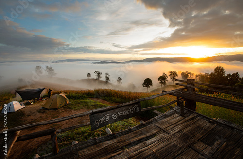 Loei,Thailand-November 3,2021:Travel on vacation,camping with tents in nature,mountain trips and foggy mornings,best view in mist at Phu Kho Na Haeo,spectacular sunrise viewpoint on top of mountains