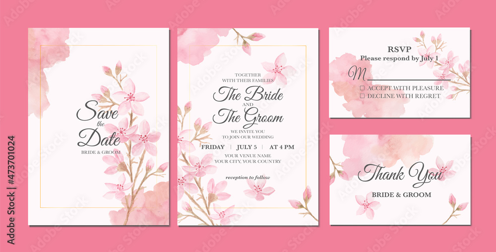 Hand painted of beautiful sakura flowers watercolor as wedding invitation template.