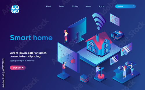 Smart home concept isometric landing page. Automation control and monitoring of sensors in house with app, security system, 3d web banner template. Vector illustration with people scene in flat design