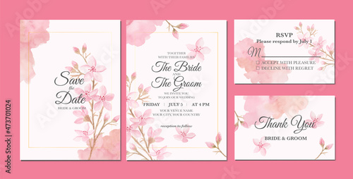 Hand painted of beautiful sakura flowers watercolor as wedding invitation template.