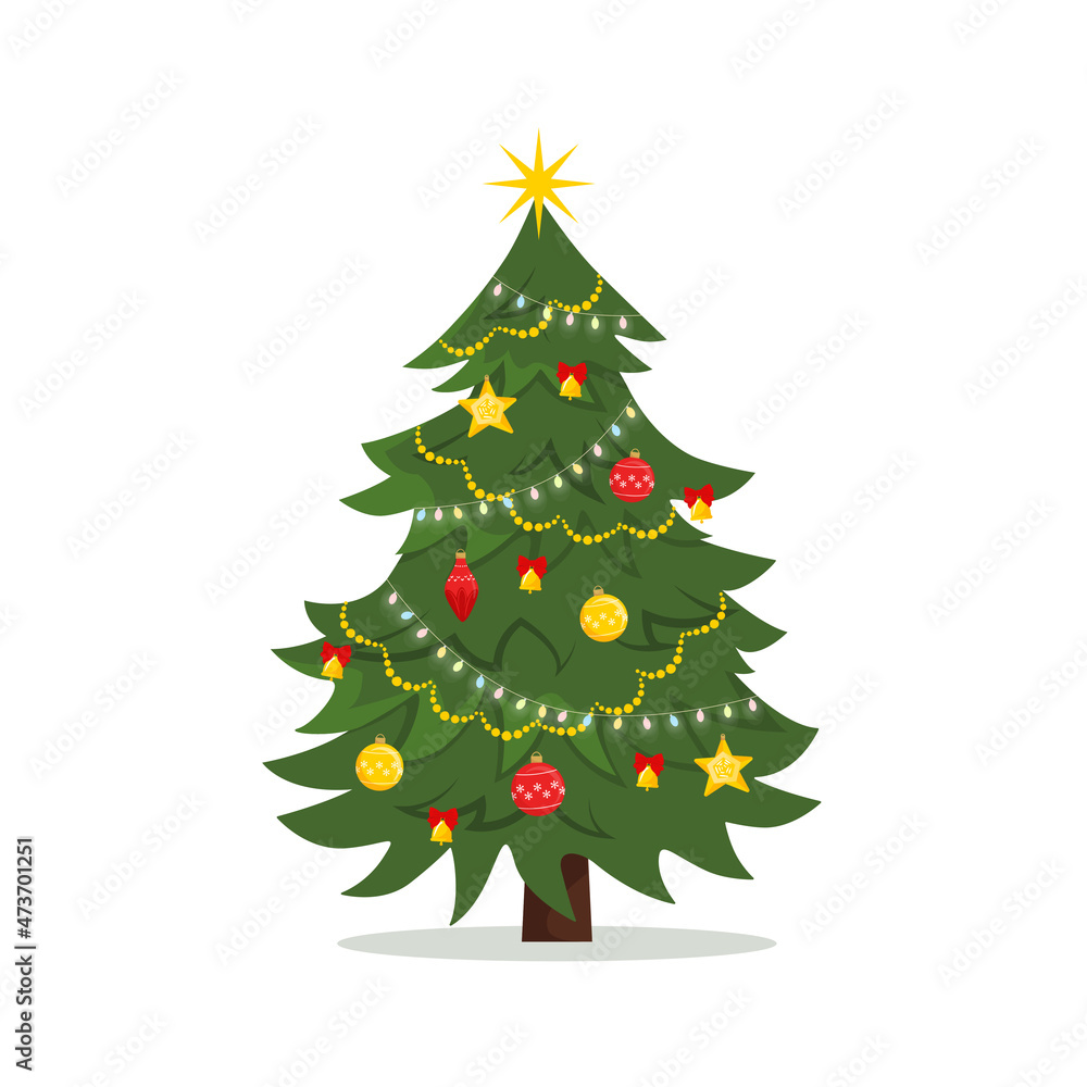 Decorated Christmas tree with lights, ornaments balls and garlands. Merry Christmas and Happy New Year. Flat style vector illustration. Decorated Christmas tree with lights, ornaments balls and garlands. Merry Christmas and Happy New Year. Flat style vector illustration.