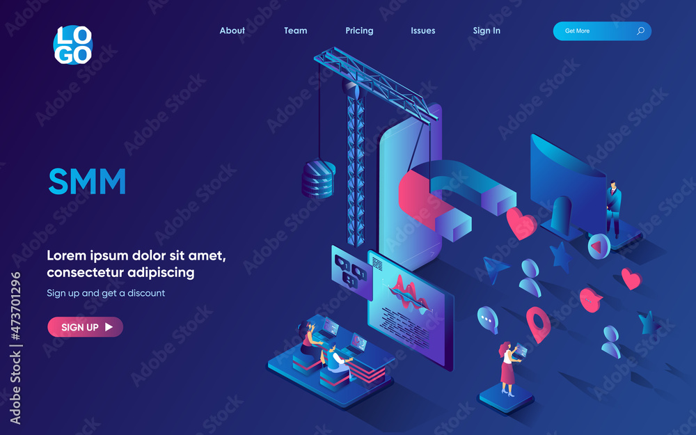 Smm concept isometric landing page. Team analyzes data and develops an online business strategy, social media marketing 3d web banner template. Vector illustration with people scene in flat design Smm concept isometric landing page. Team analyzes data and develops an online business strategy, social media marketing 3d web banner template. Vector illustration with people scene in flat design