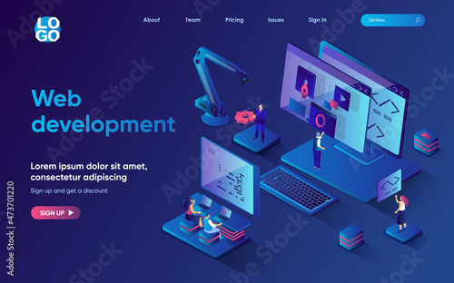 Web development concept isometric landing page. Team develops and optimizes layout of site, works with code of webpage, 3d web banner template. Vector illustration with people scene in flat design