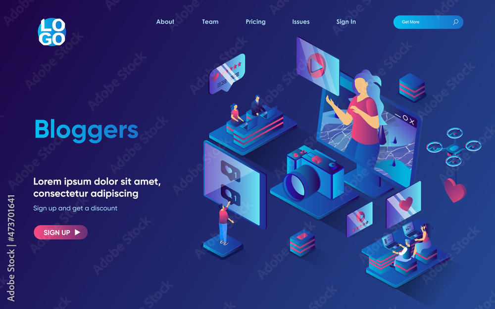 Bloggers concept isometric landing page. Team creates and publishes video content to blog, followers comment and like, 3d web banner template. Vector illustration with people scene in flat design Bloggers concept isometric landing page. Team creates and publishes video content to blog, followers comment and like, 3d web banner template. Vector illustration with people scene in flat design