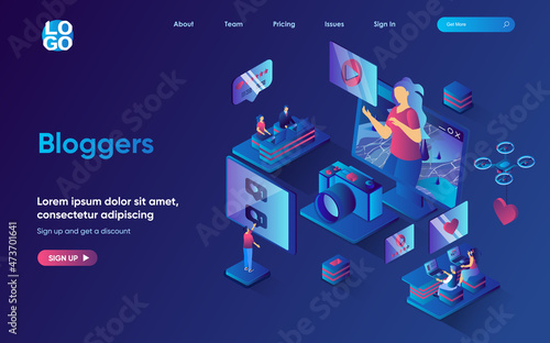 Bloggers concept isometric landing page. Team creates and publishes video content to blog, followers comment and like, 3d web banner template. Vector illustration with people scene in flat design