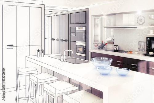 Modern Open Area Kitchen in Planning - 3D Visualization