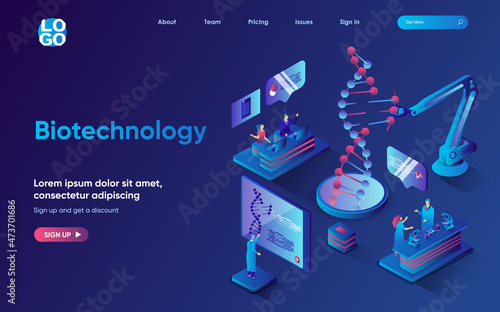 Biotechnology concept isometric landing page. Scientist team working with DNA molecule, genetic engineering research, 3d web banner template. Vector illustration with people scene in flat design