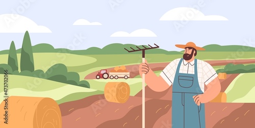 Farmer in agriculture field with dry hay bales. Farm worker and village farmland landscape during harvesting. Flat vector illustration of man peasant with rakes in agricultural plantation
