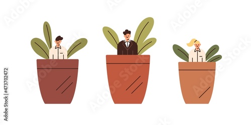 Professional growth and development concept. Employees grow in pots, metaphor for career start and skills developing. Young trainees. Flat vector illustration of interns isolated on white background