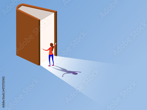 Book of imagination with a standing girl, isometric, concept background. Education inspiration dream. Vector illustration cartoon style poster, banner template
