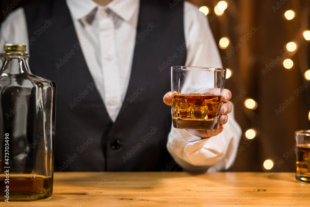 Bartender Serve Whiskey, on wood bar, Bartender Serve Whiskey, on wood bar,