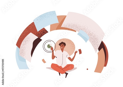 Person work under abstract project. Man building, organizing and managing business system. Data flow streamline, management and analysis concept. Flat vector illustration isolated on white background