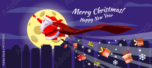 Santa Claus funny as Superhero wearing cape flying over the night modern city, buildings, skyscrapers giving out gift boxes. Merry Christmas poster background cartoon style illustration