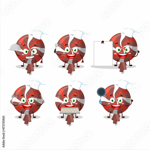 Cartoon character of red twirl lolipop wrapped with various chef emoticons
